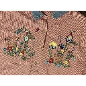 VTG Victoria Jones‎ Woman's Red Plaid Spring Gardening Bird Patch Shirt 20w